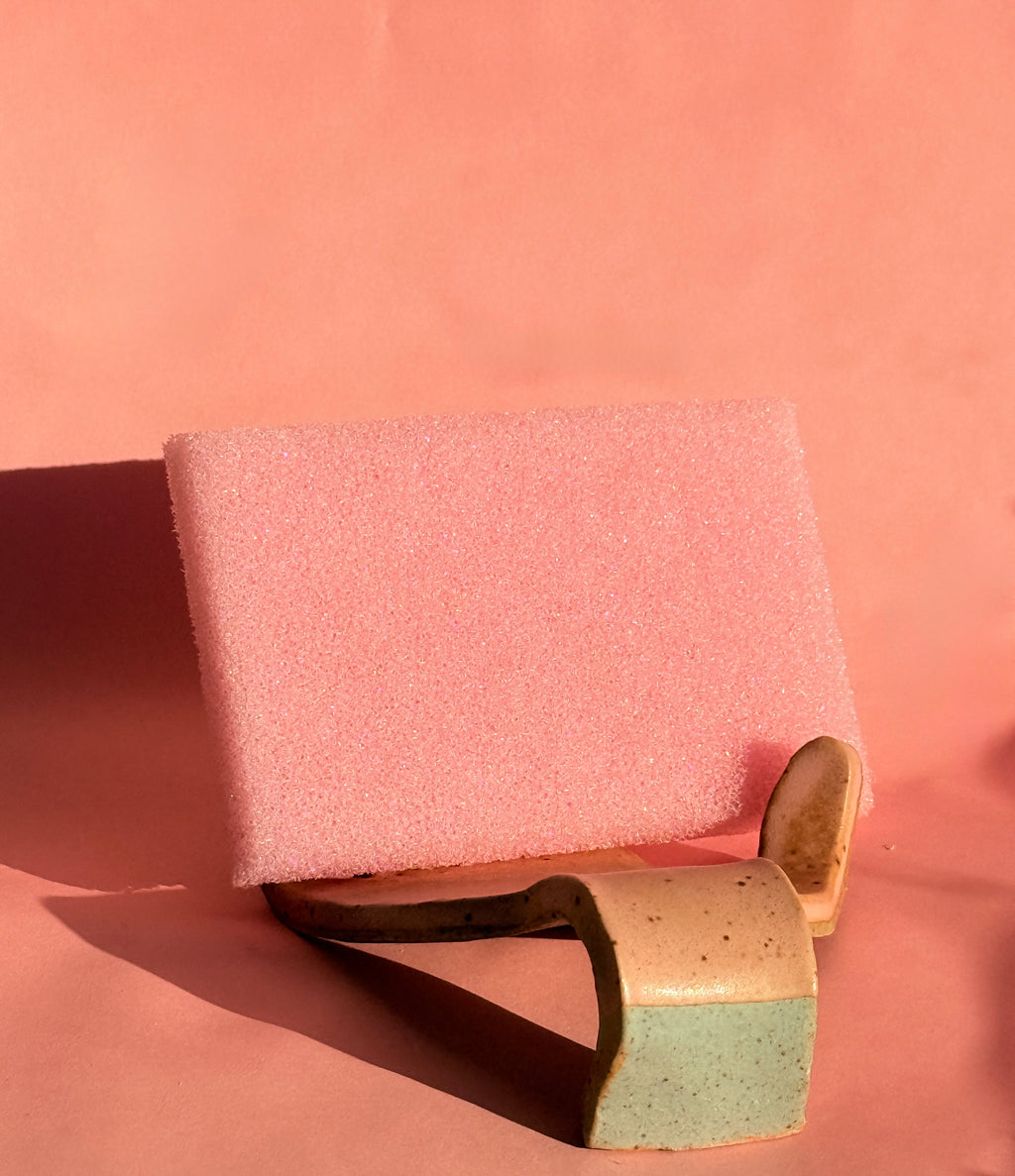 Ceramic hand sponge holder holding sponge, handmade stoneware pottery