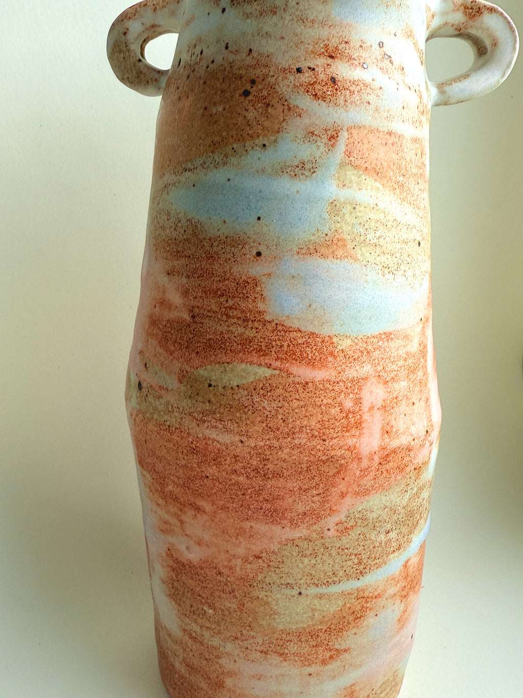 Handmade neutral ceramic vase with loop handles, stoneware pottery made in NYC by Bunzy