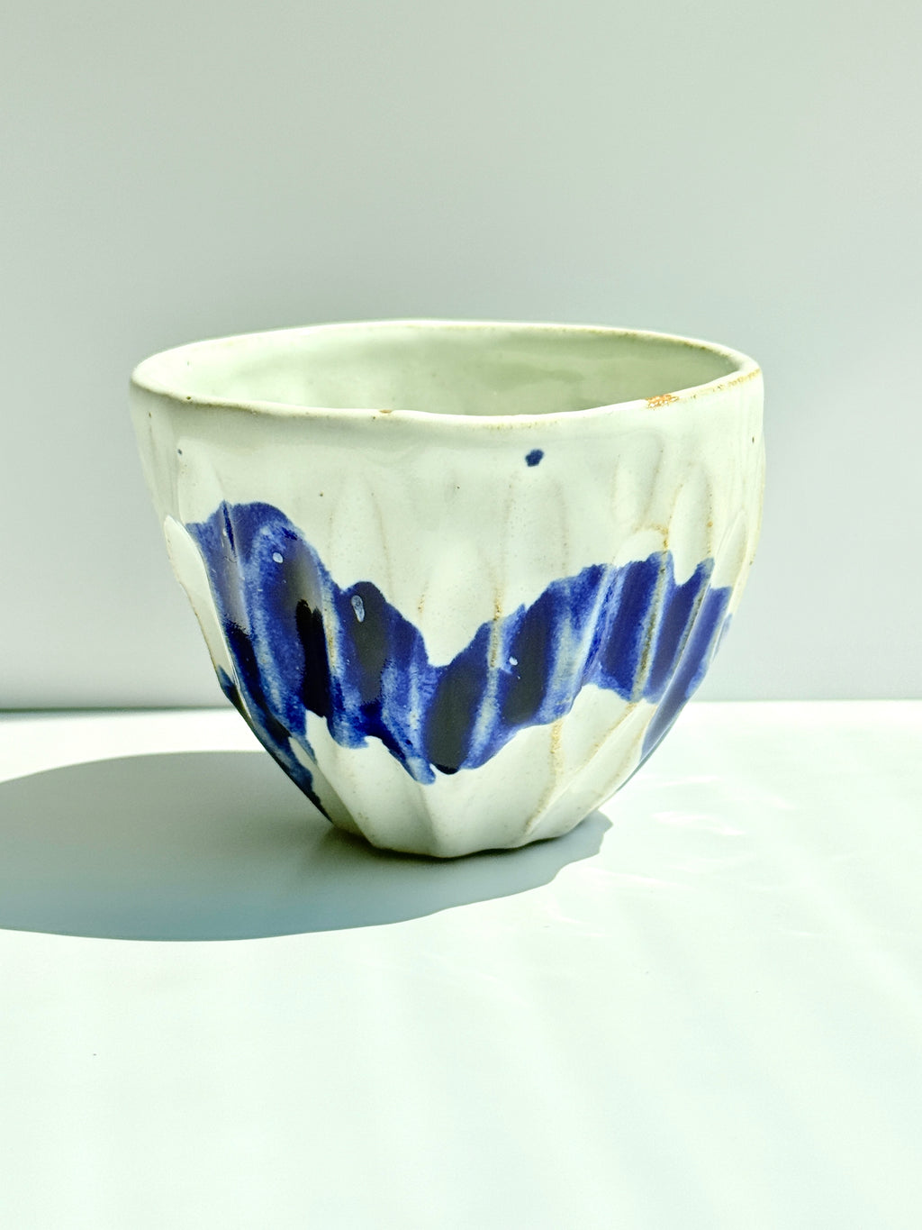 Carved White Latte Cup with Cobalt Blue Brushstroke | Stoneware Coffee Cup | Handmade Pottery