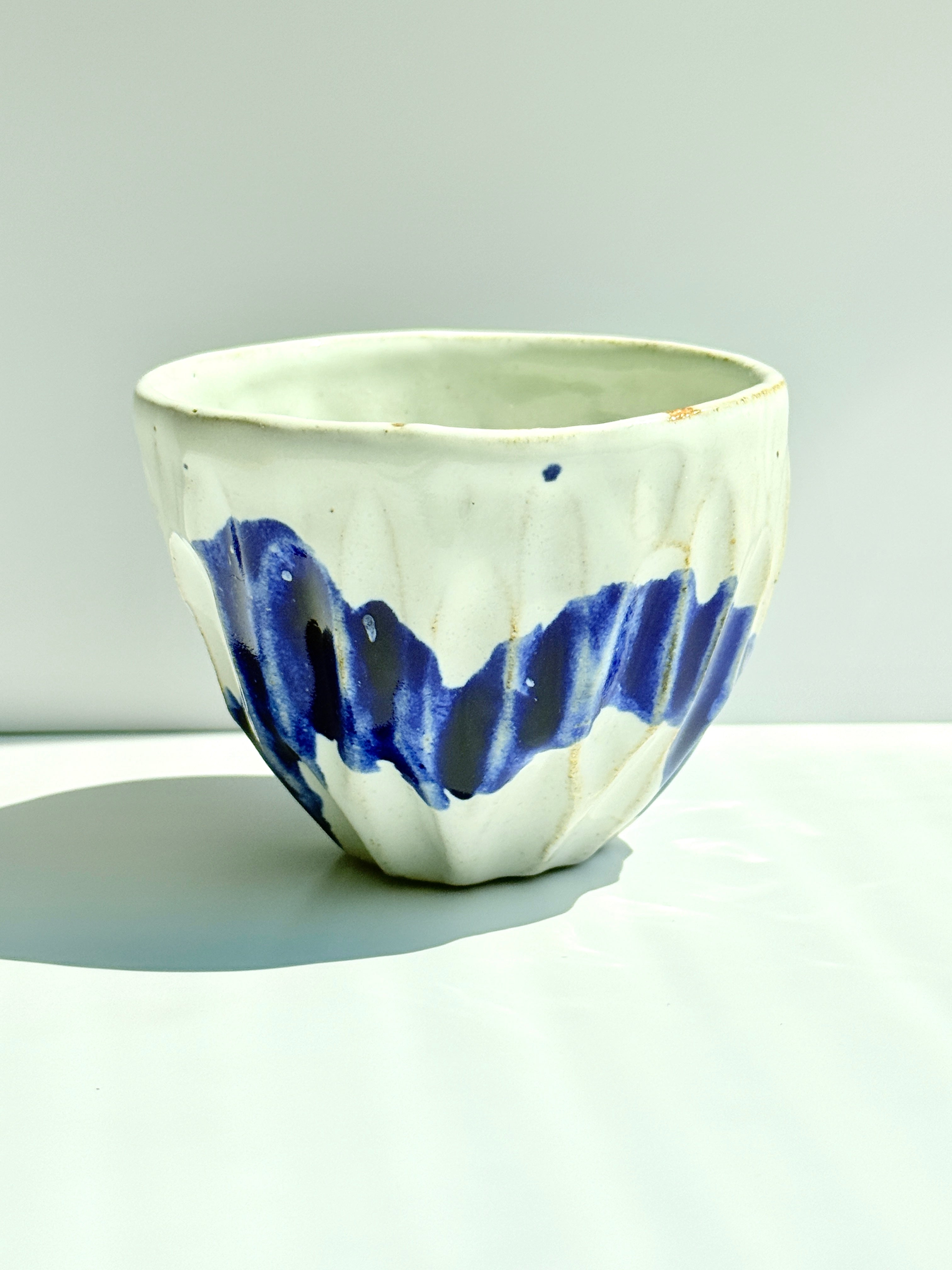 Carved White Latte Cup with Cobalt Blue Brushstroke | Stoneware Coffee Cup | Handmade Pottery