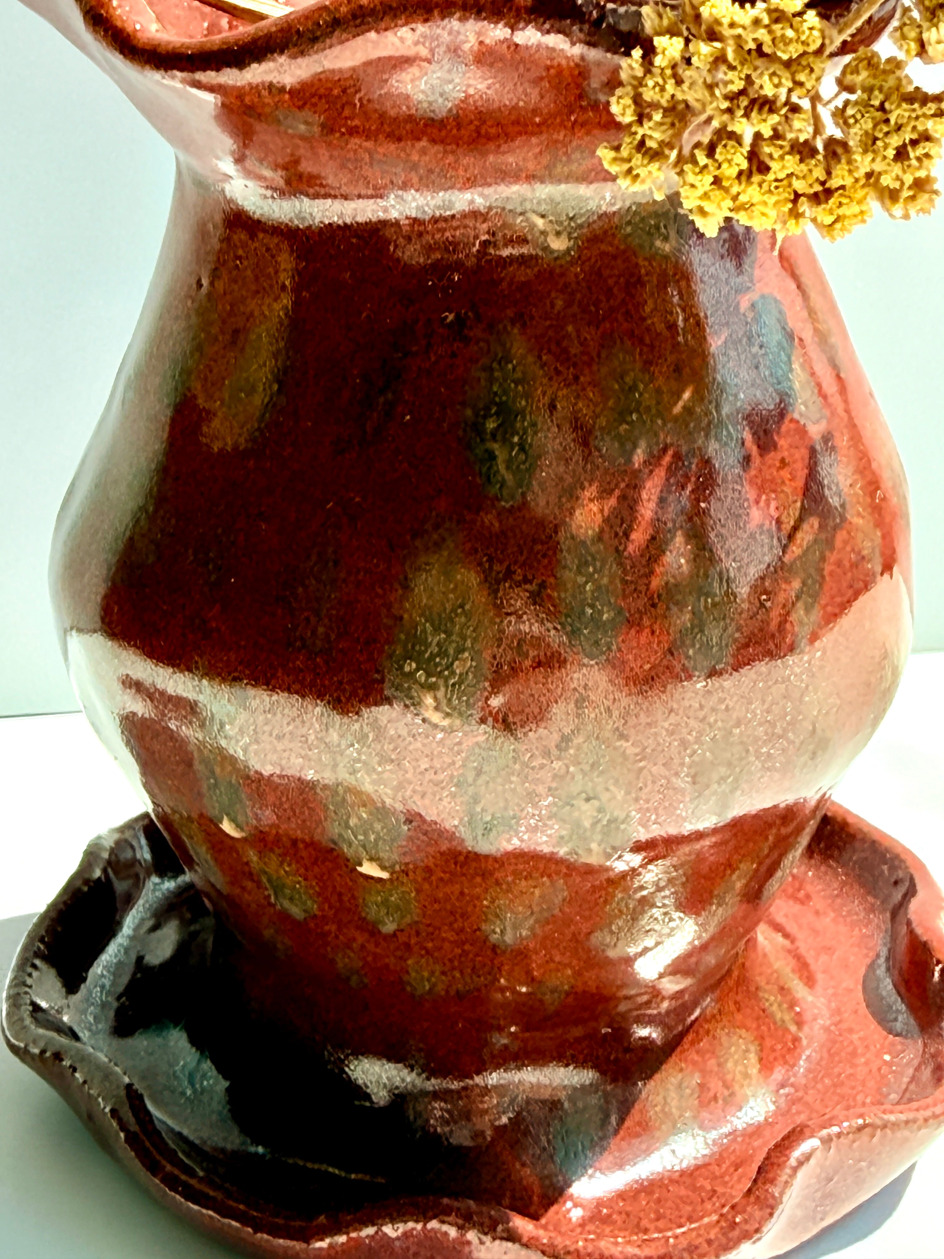 Brown Speckled Stoneware Vase with Ruffled Rim