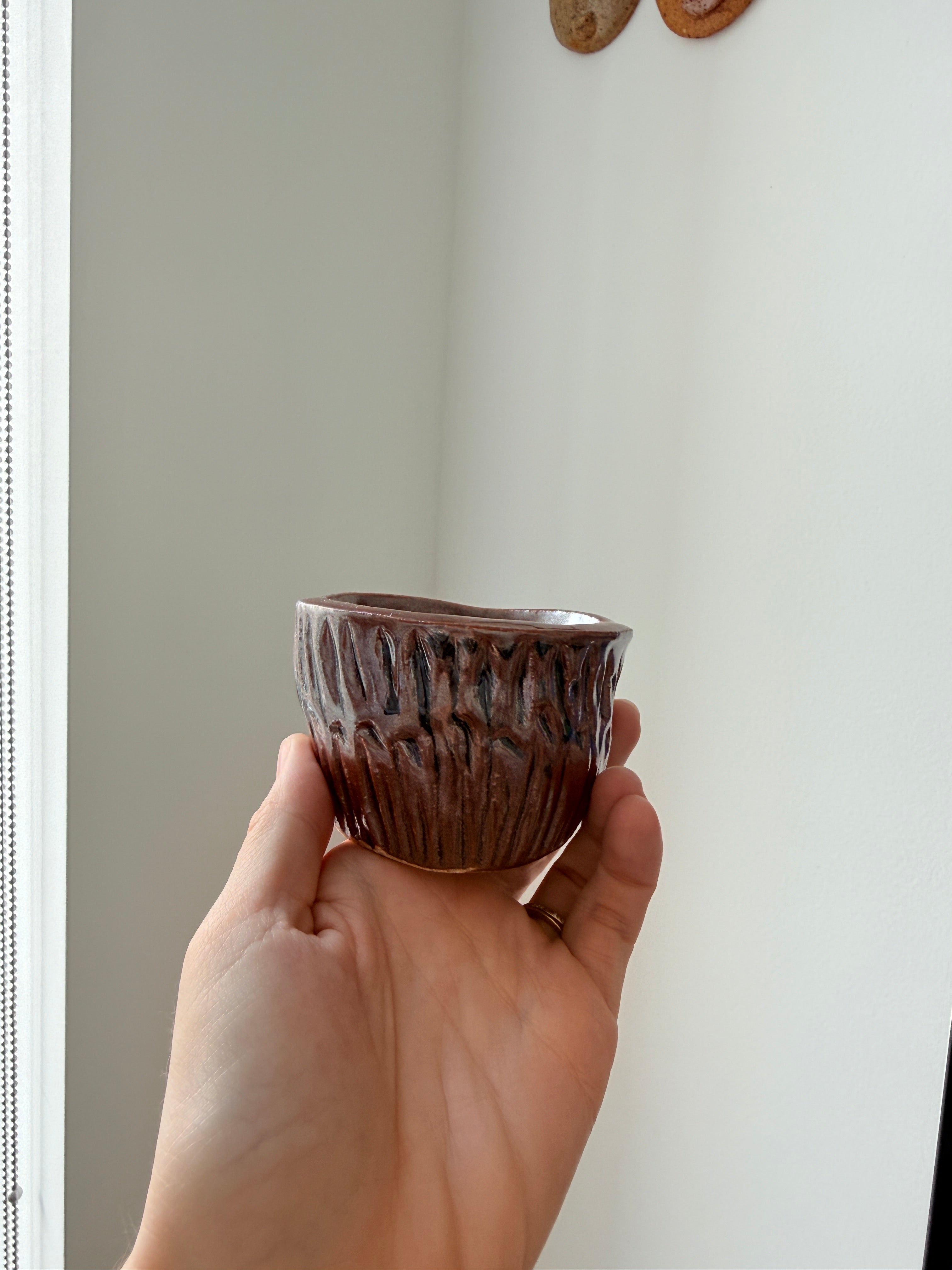 Hand holding a small brown ceramic pot against a plain background