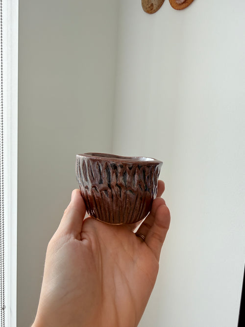 Hand holding a small brown ceramic pot against a plain background