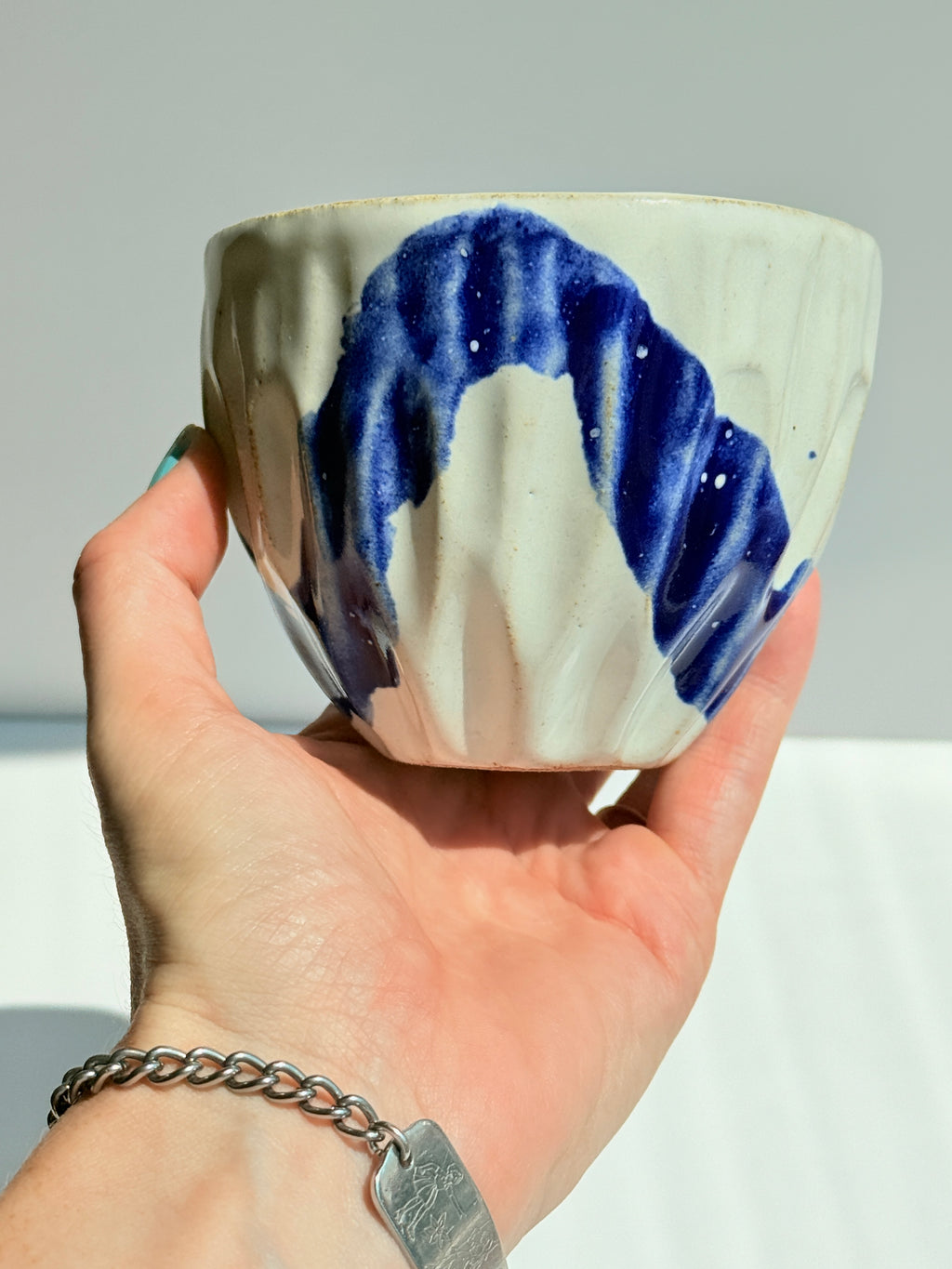 Carved White Latte Cup with Cobalt Blue Brushstroke | Stoneware Coffee Cup | Handmade Pottery
