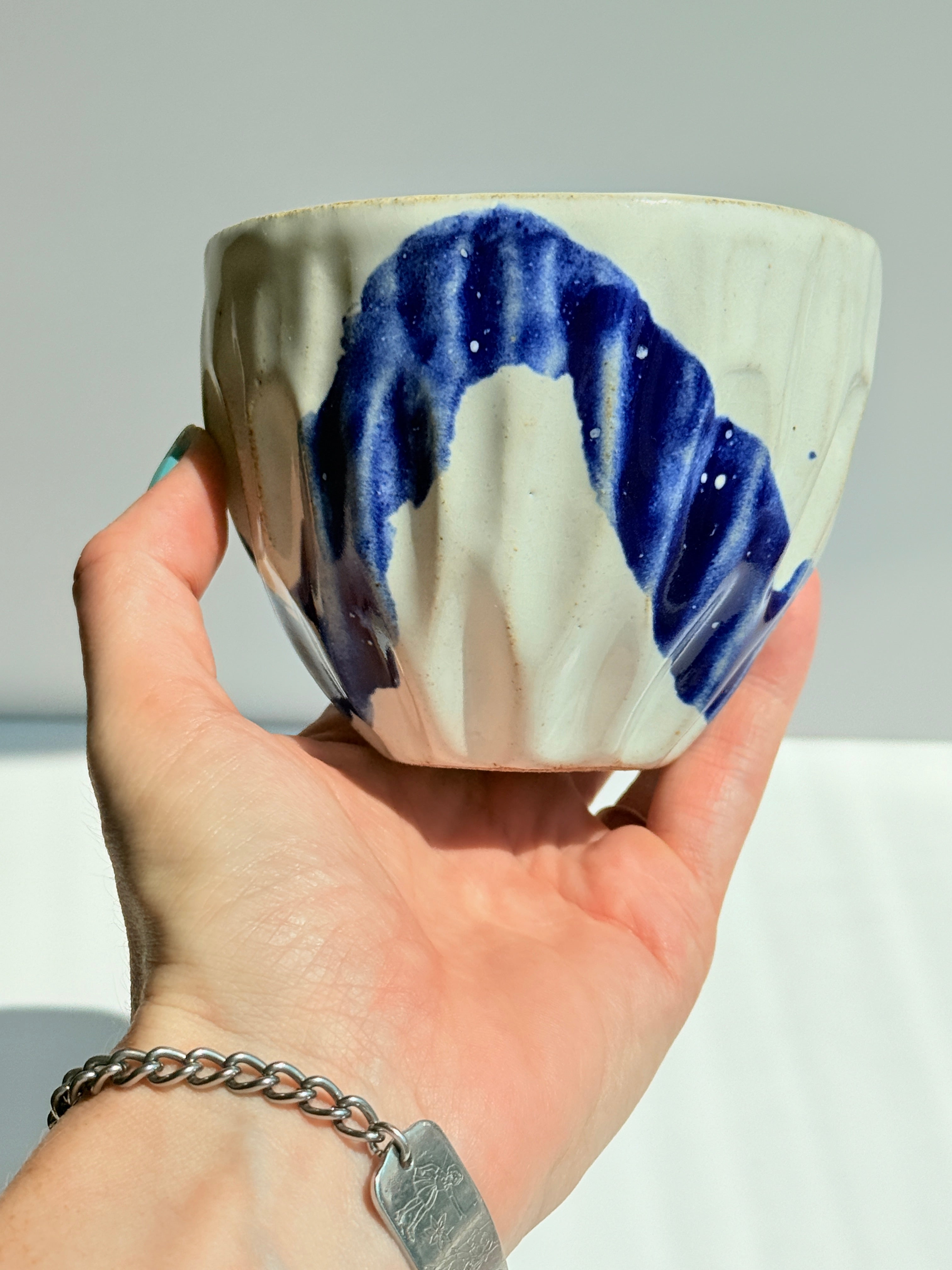 Carved White Latte Cup with Cobalt Blue Brushstroke | Stoneware Coffee Cup | Handmade Pottery