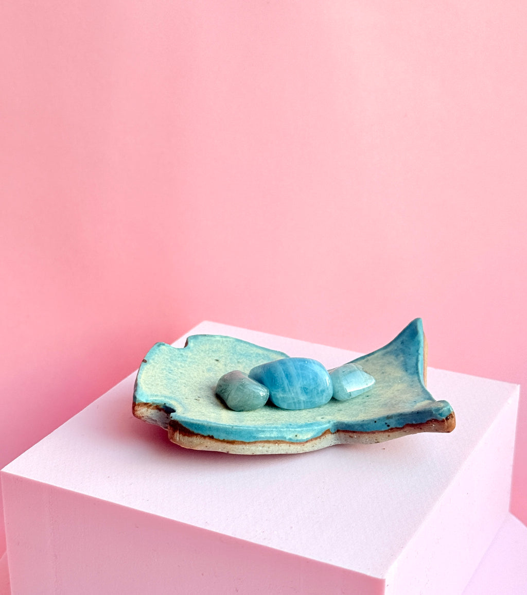 Handbuilt blue ceramic owl ring dish for jewelry storage