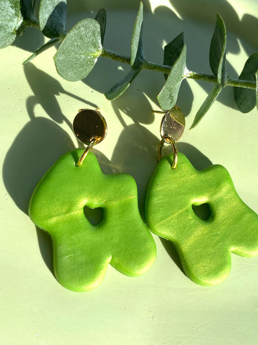 Wicked Green polymer clay earrings with 18k gold-plated studs – bold, lightweight, and handmade for modern style.