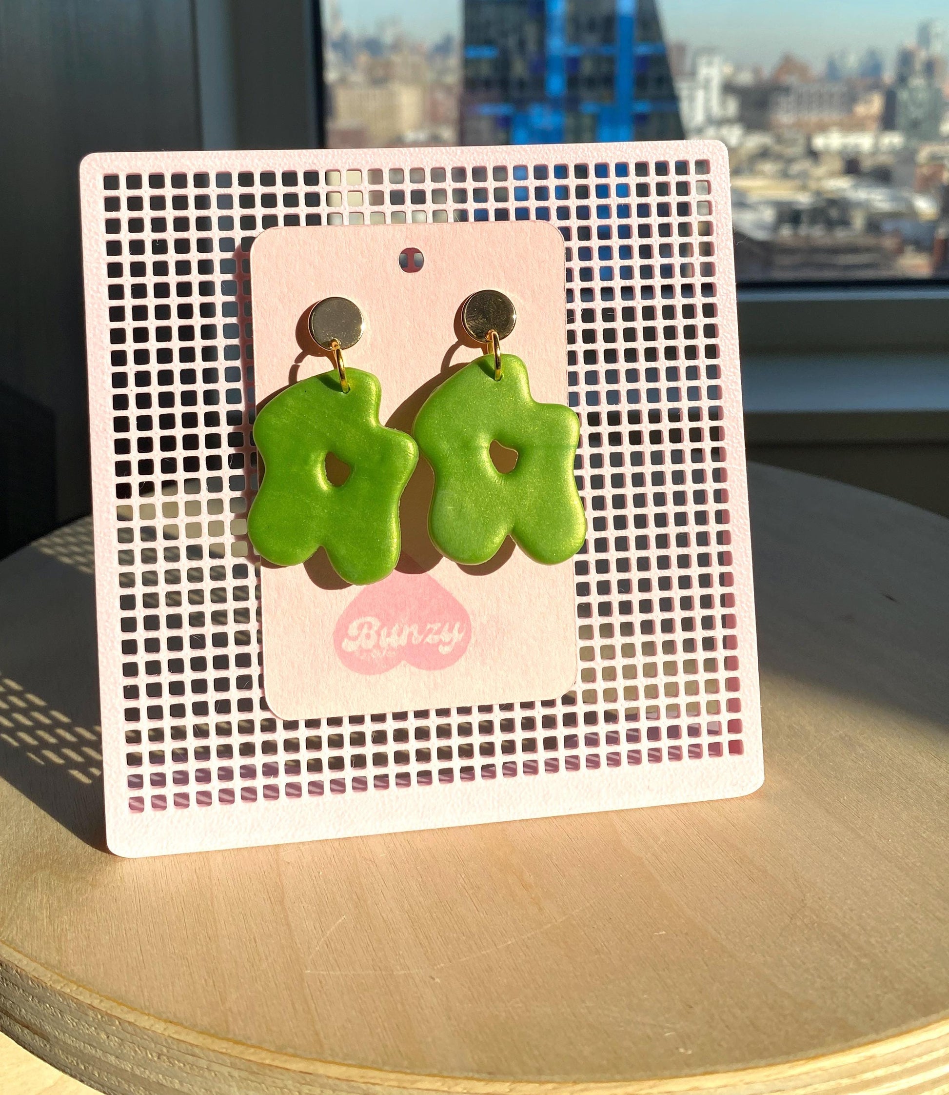 Wicked Green polymer clay earrings with 18k gold-plated studs – bold, lightweight, and handmade for modern style.