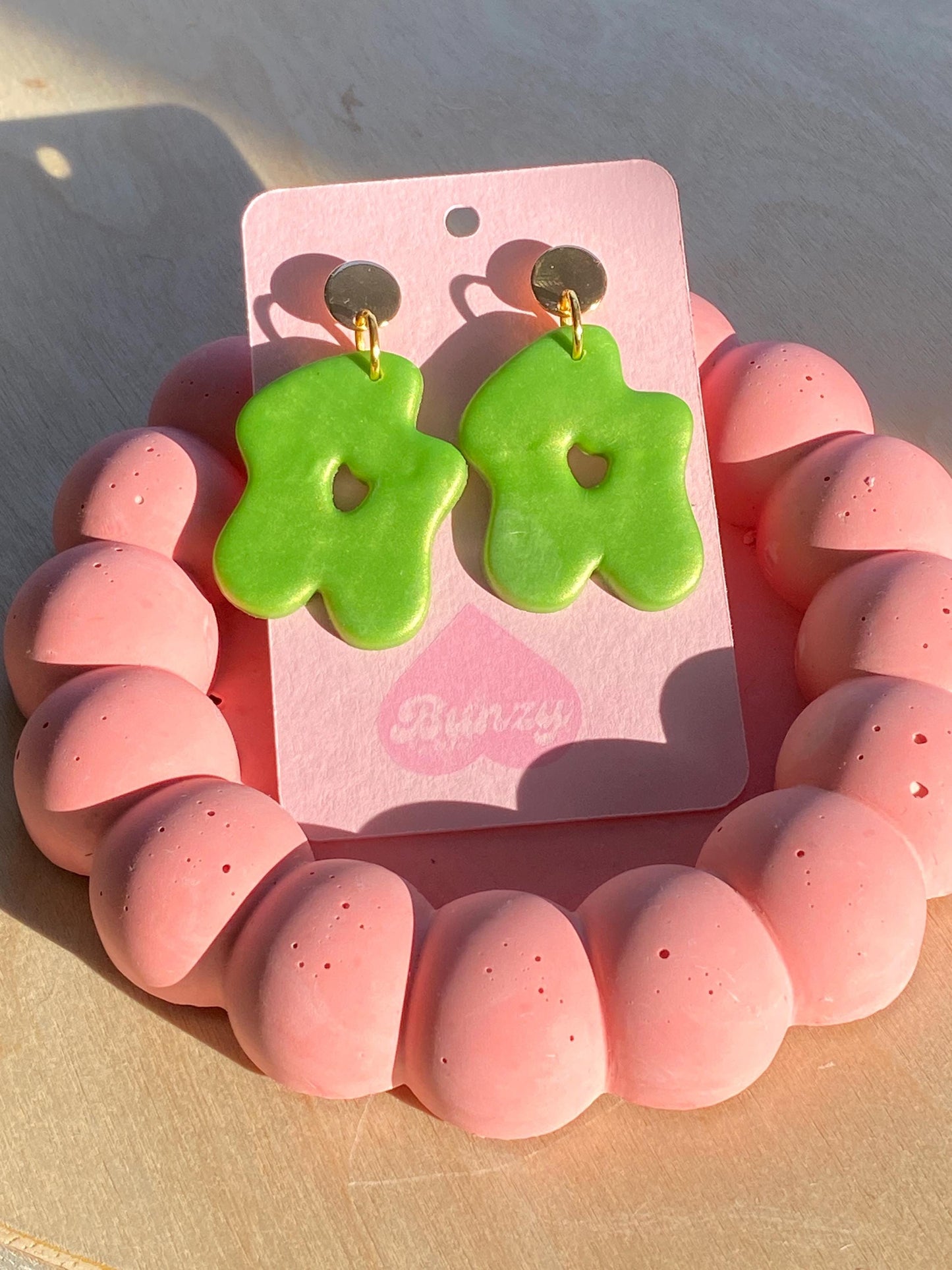 Wicked Green polymer clay earrings with 18k gold-plated studs – bold, lightweight, and handmade for modern style.