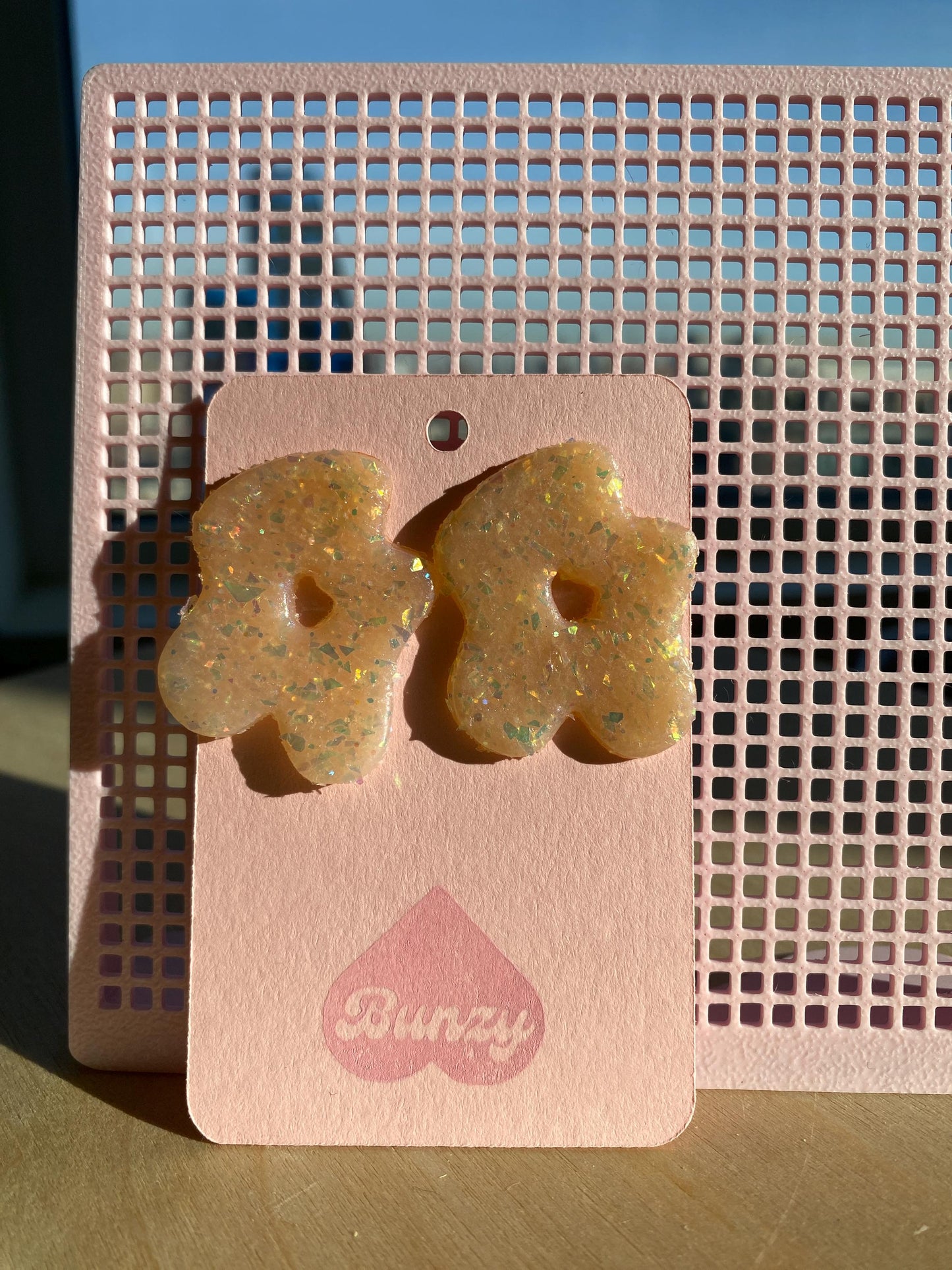 Funky-shaped clear and glitter polymer clay earrings – handmade, lightweight, and perfect for bold statement style.