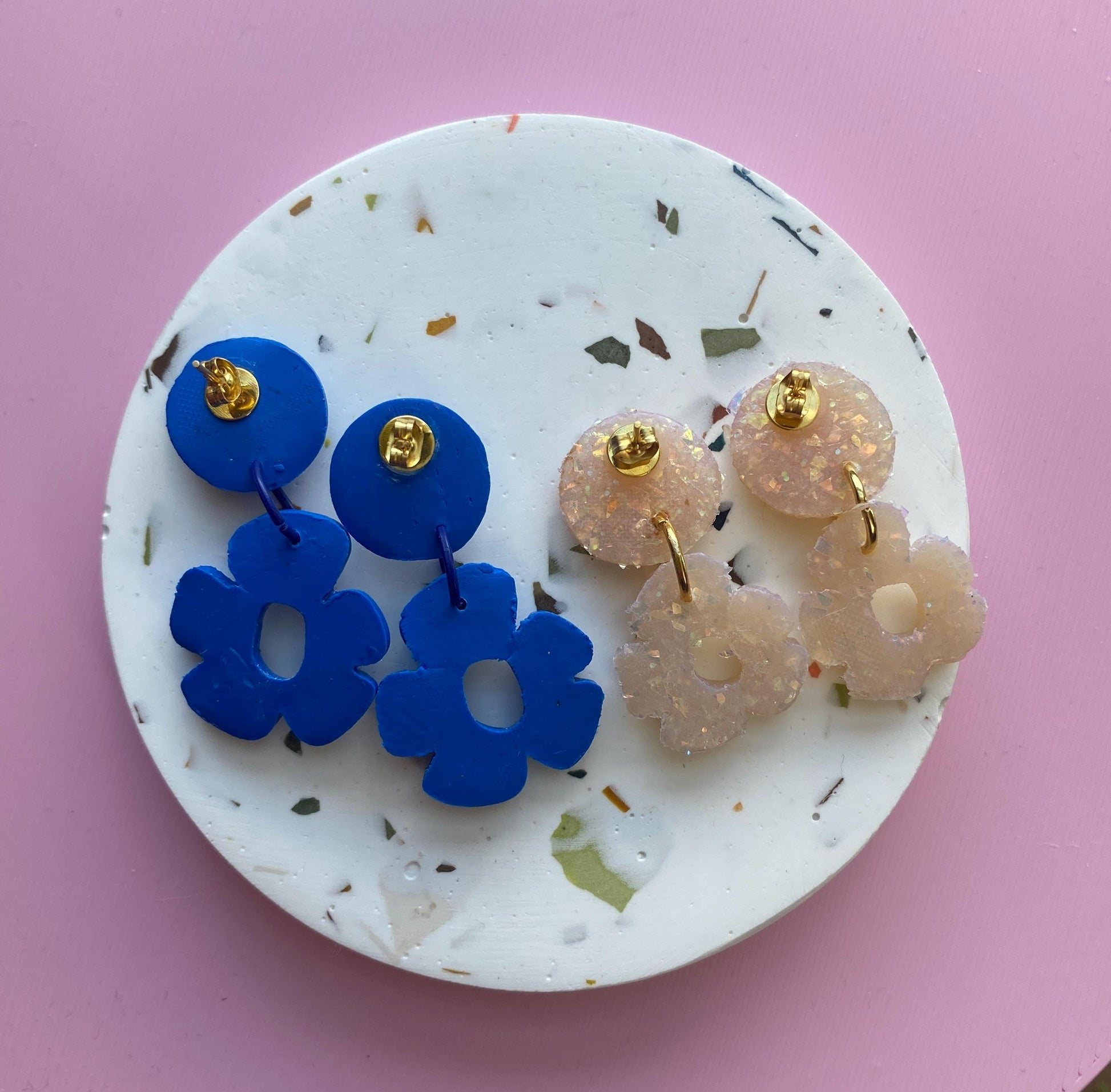 Back view of the Royal Blue + Clear Glitter flower earrings made from polymer clay – handmade, lightweight, and perfect for sensitive ears.