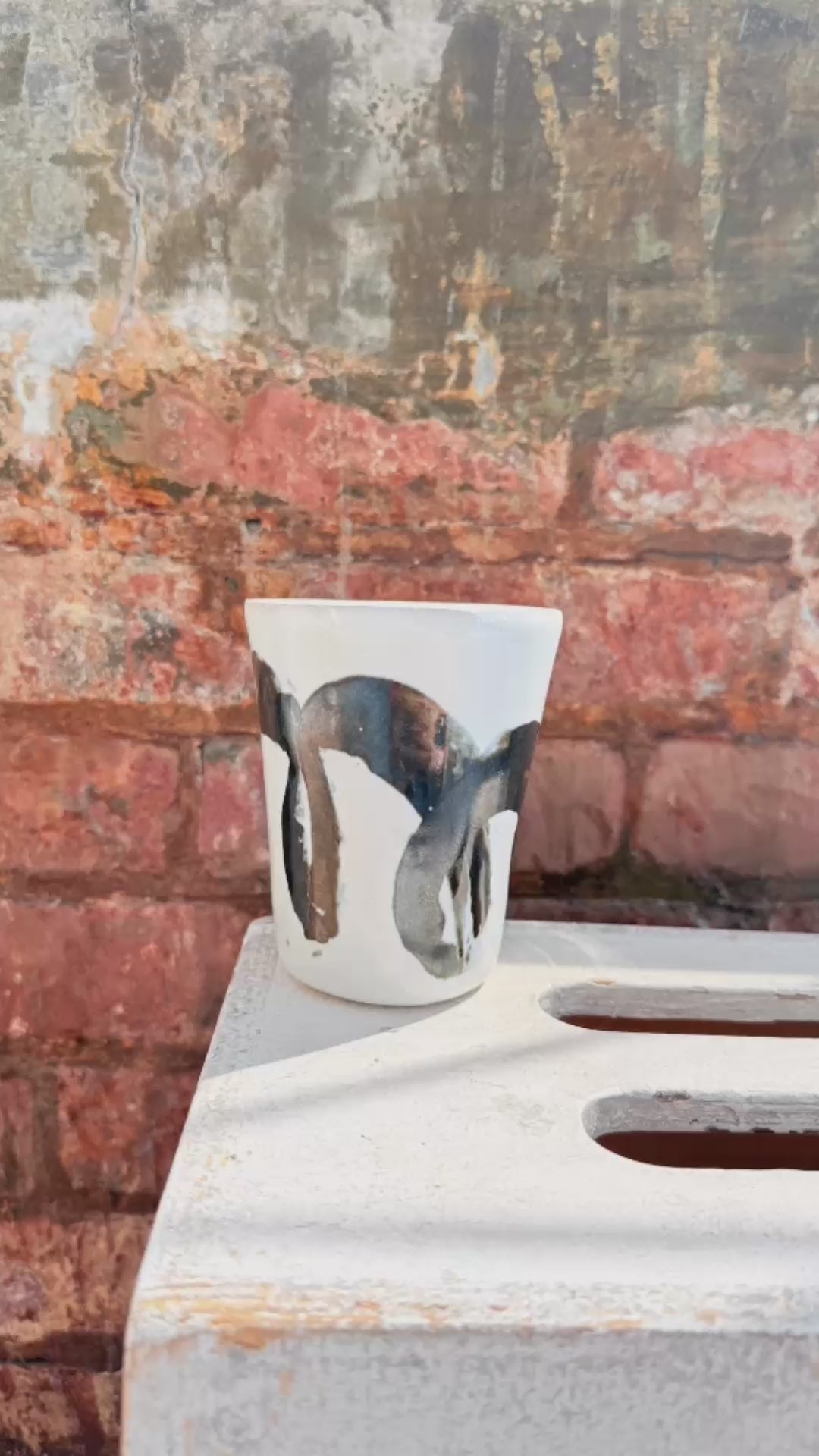 White & Black Brushstroke Ceramic Tumbler — Handbuilt Stoneware, 14.5 oz