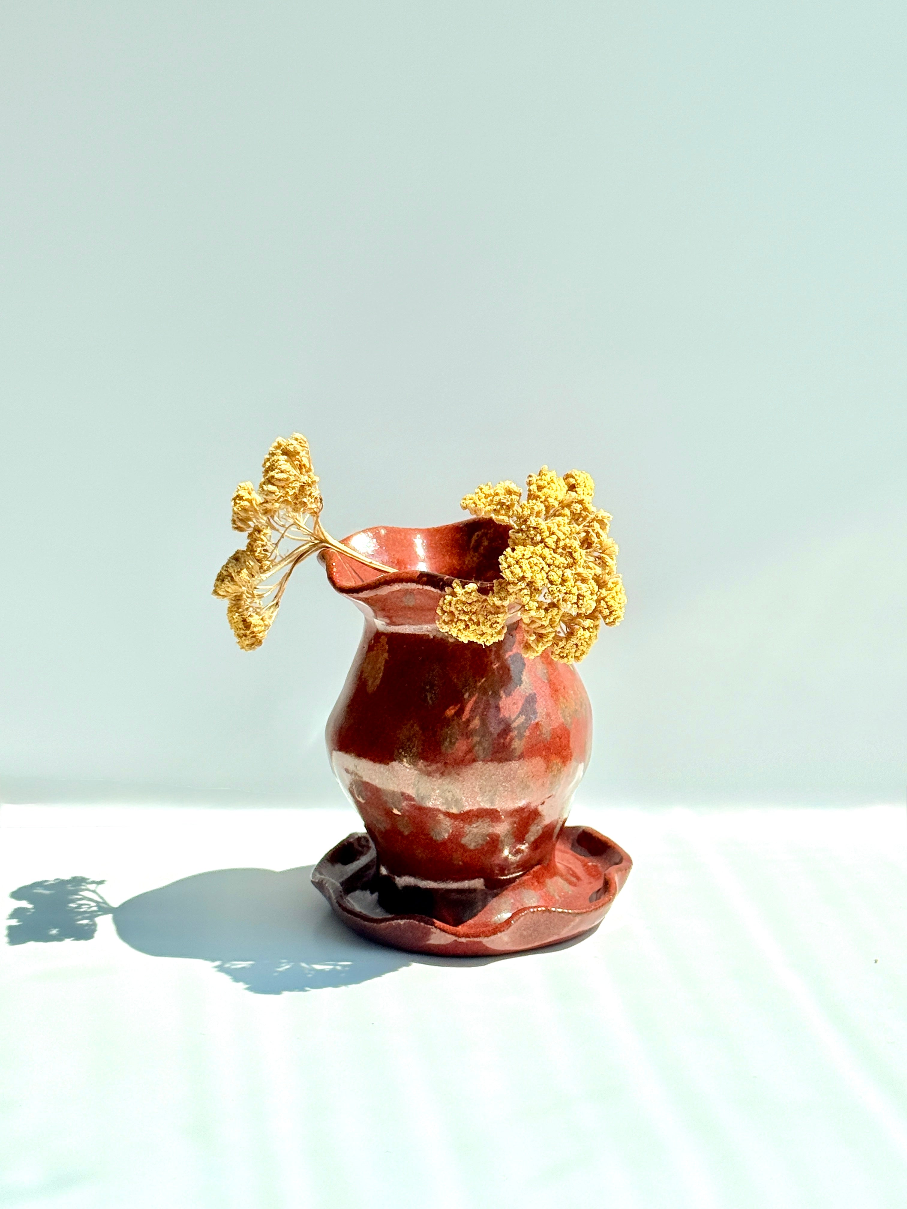 Brown Speckled Stoneware Vase with Ruffled Rim