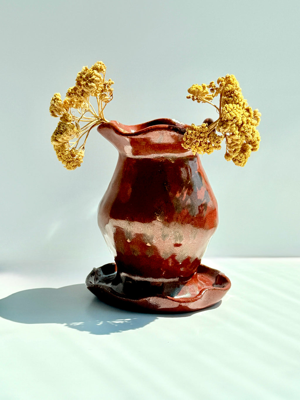 Brown Speckled Stoneware Vase with Ruffled Rim