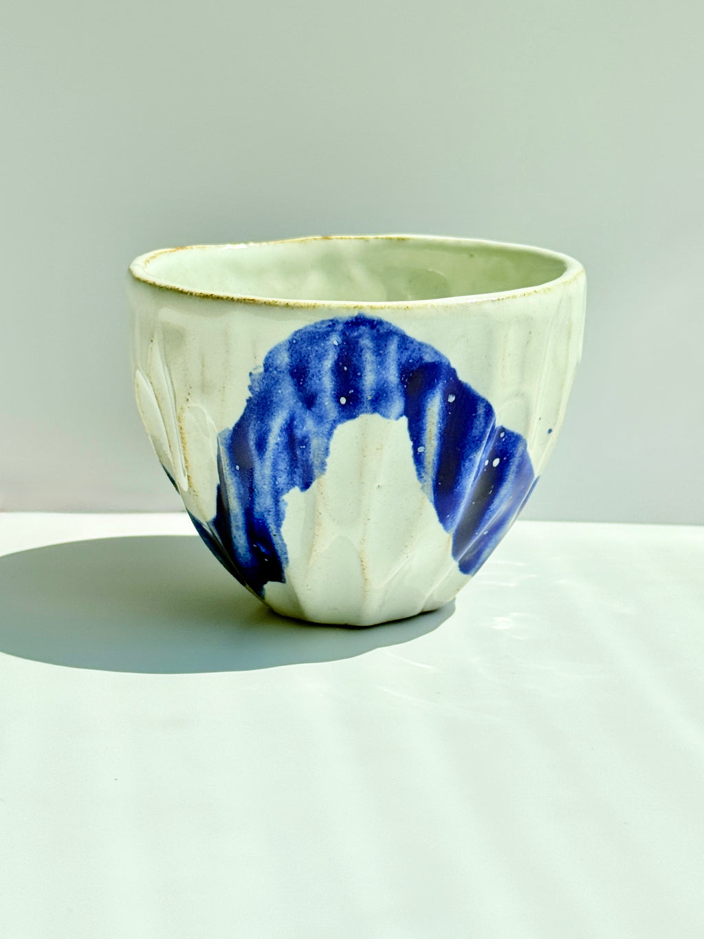 Carved White Latte Cup with Cobalt Blue Brushstroke | Stoneware Coffee Cup | Handmade Pottery